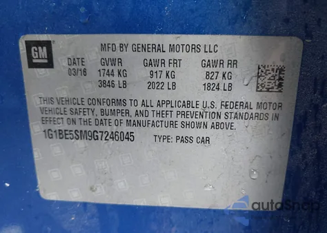 2016 Chevrolet Cruze Lt Auto z USA, uszkodzony, nr VIN 1G1BE5SM9G7246045